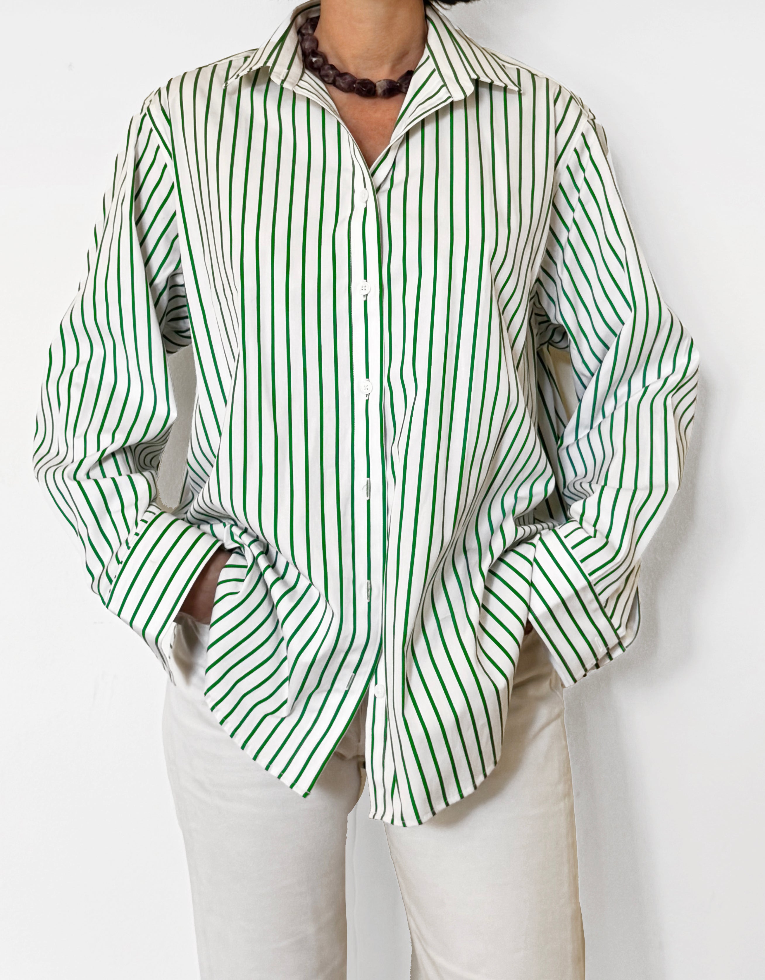Lamentana camicia in cotone a righe verdi