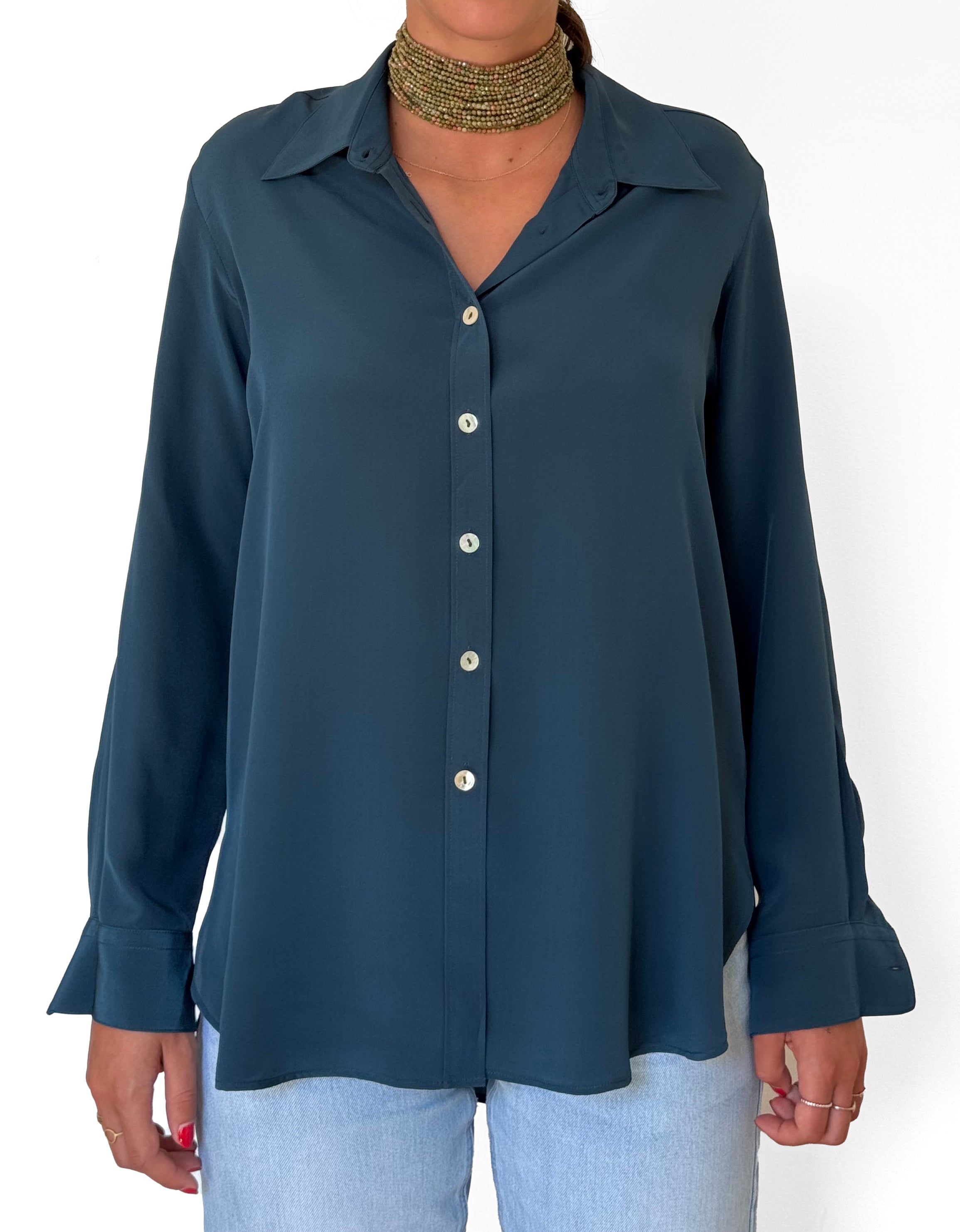 Camicia LaDelfina in crêpe di seta petrolio