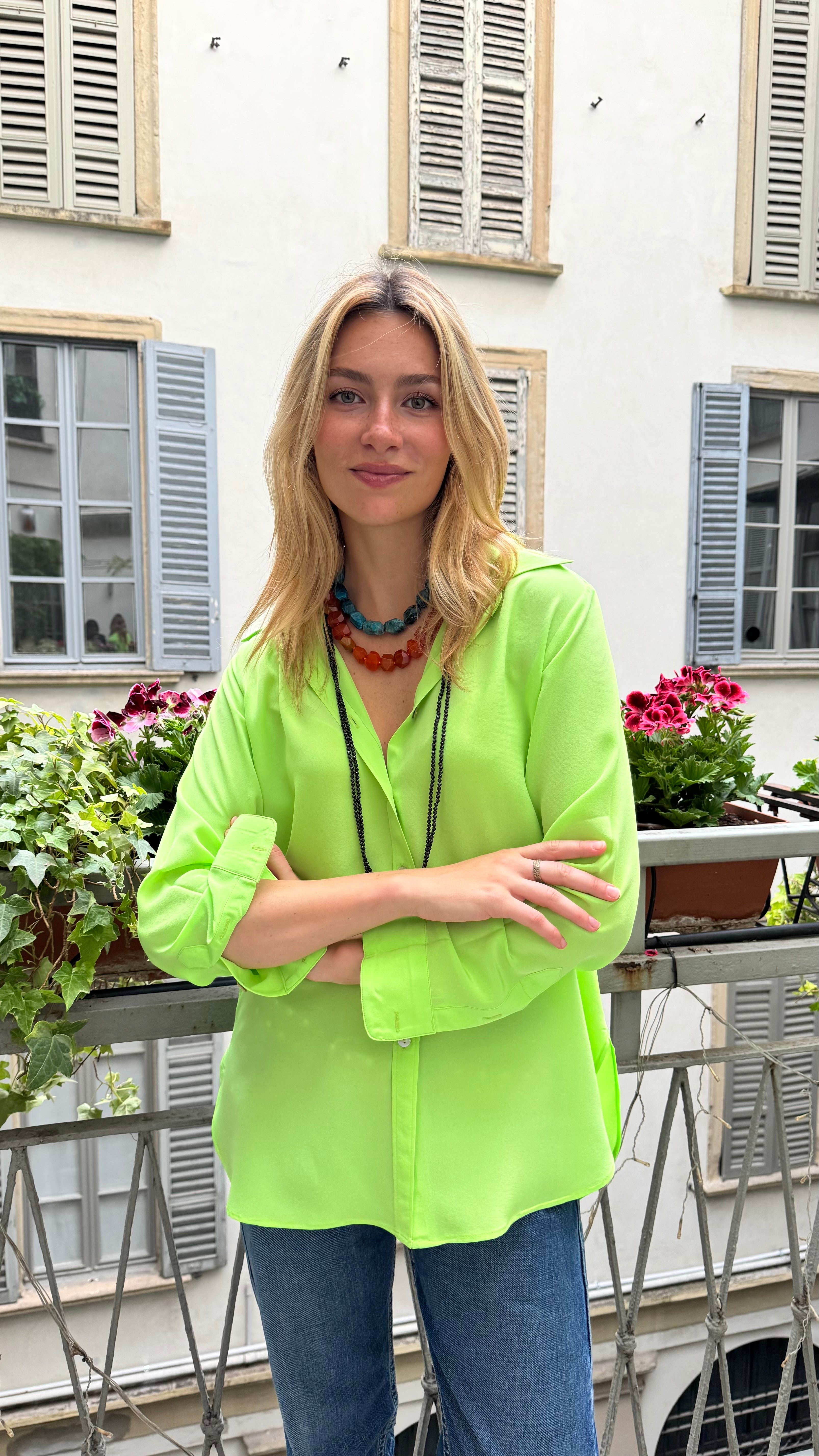 Camicia laDelfina in crêpe di seta lime
