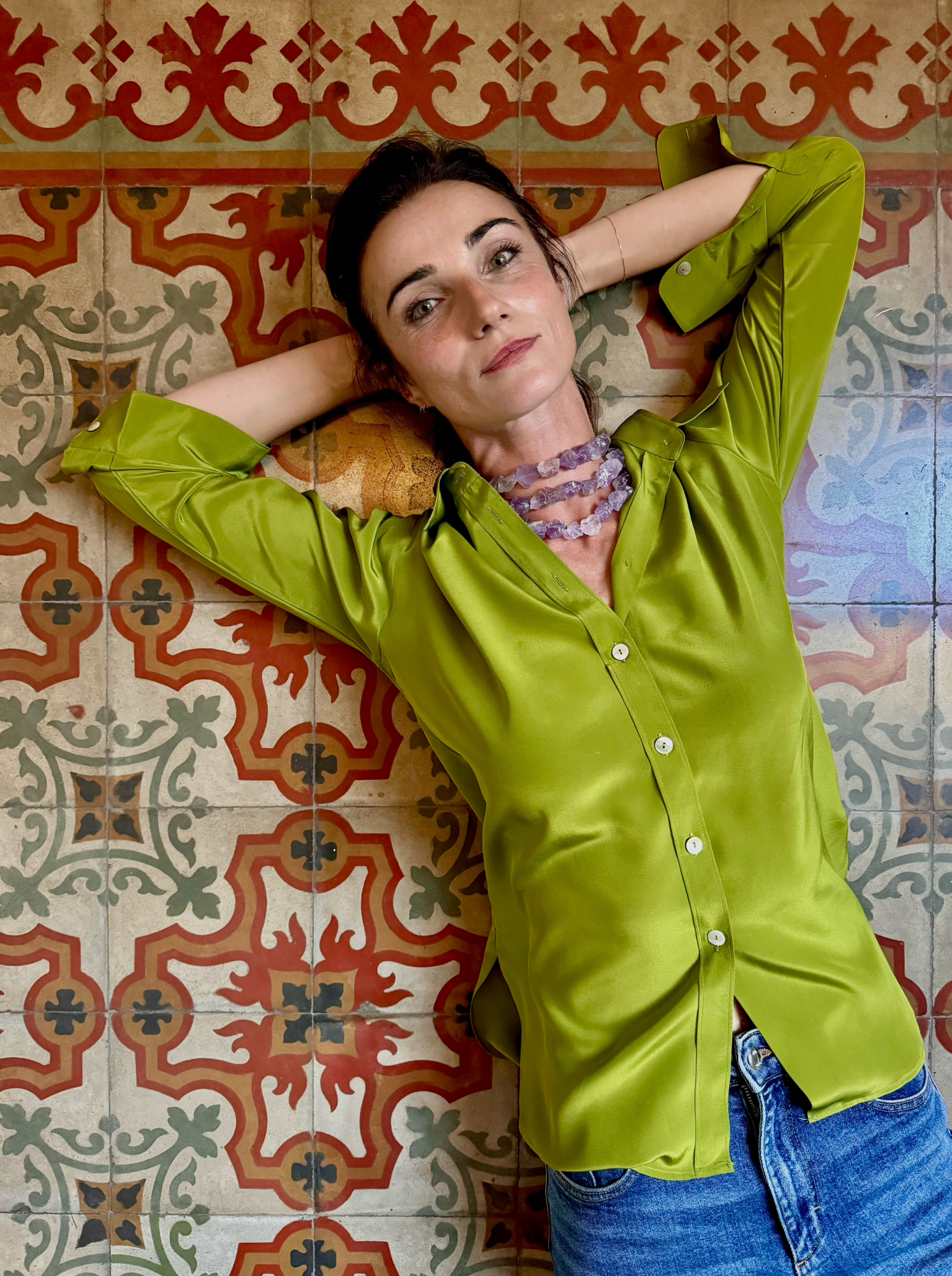 Camicia LaDelfina in crêpe di seta pistacchio