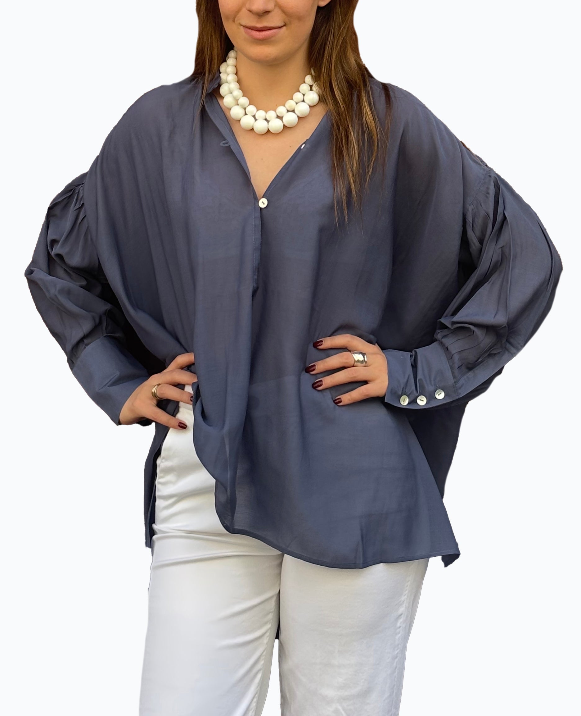 Camicia laGertrude in cotone leggero e seta blu avio