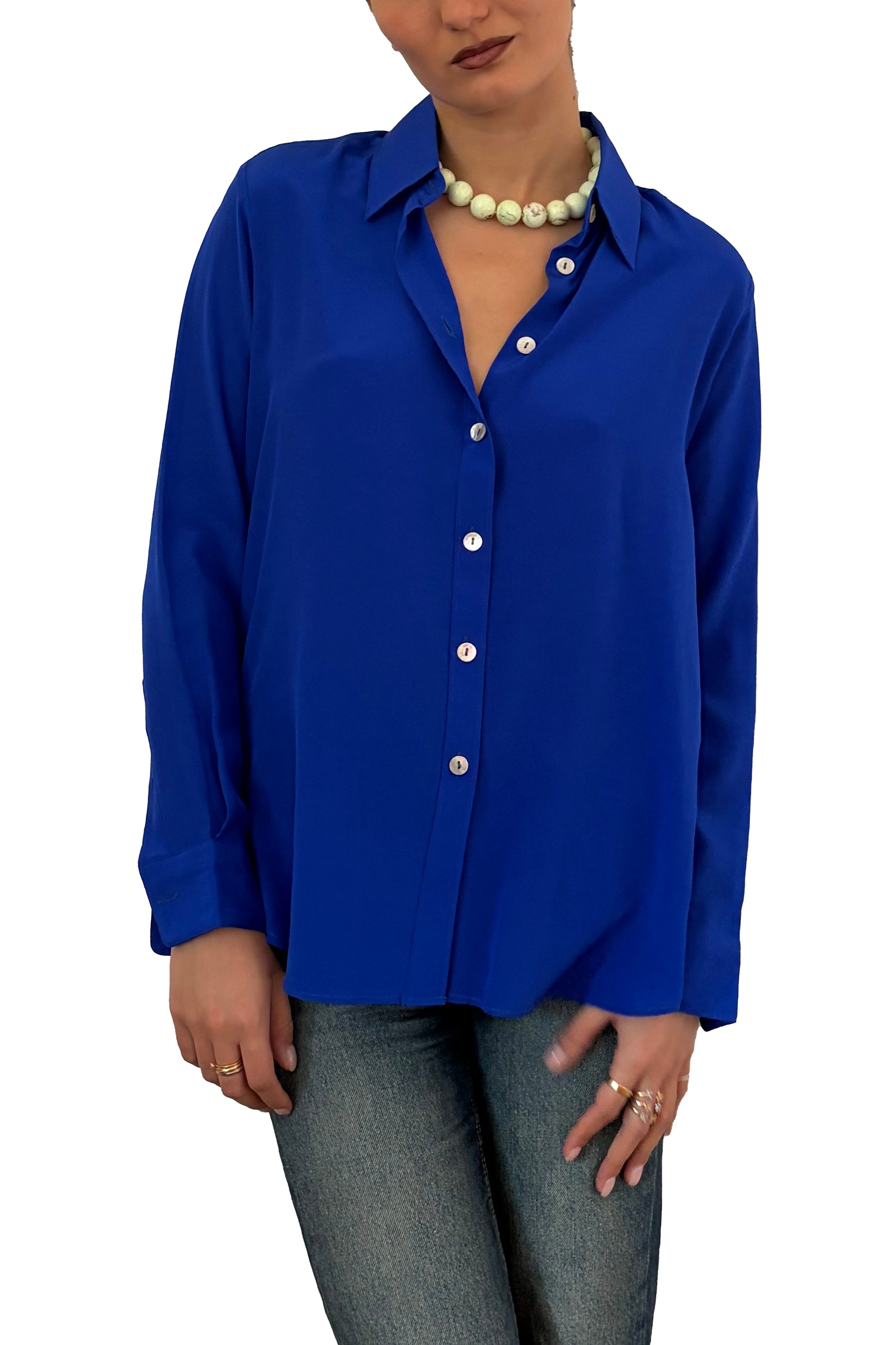 LaDelfina camicia in crêpe di seta blu china