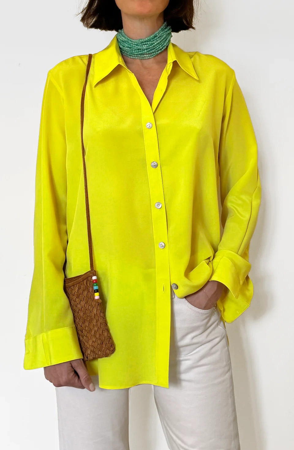Camicia LaDelfina in crêpe di seta giallo limone
