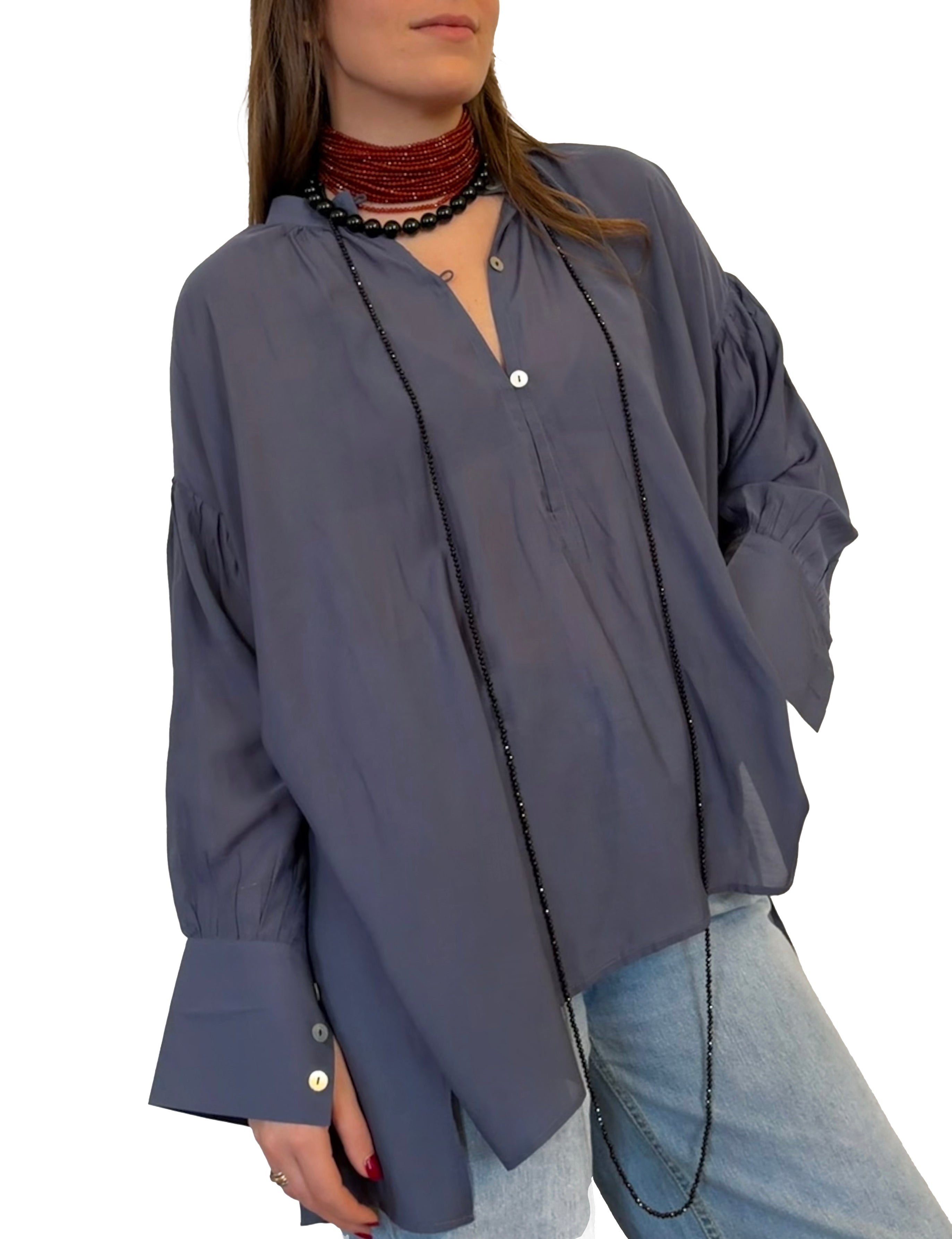 Camicia laGertrude in cotone leggero e seta blu avio