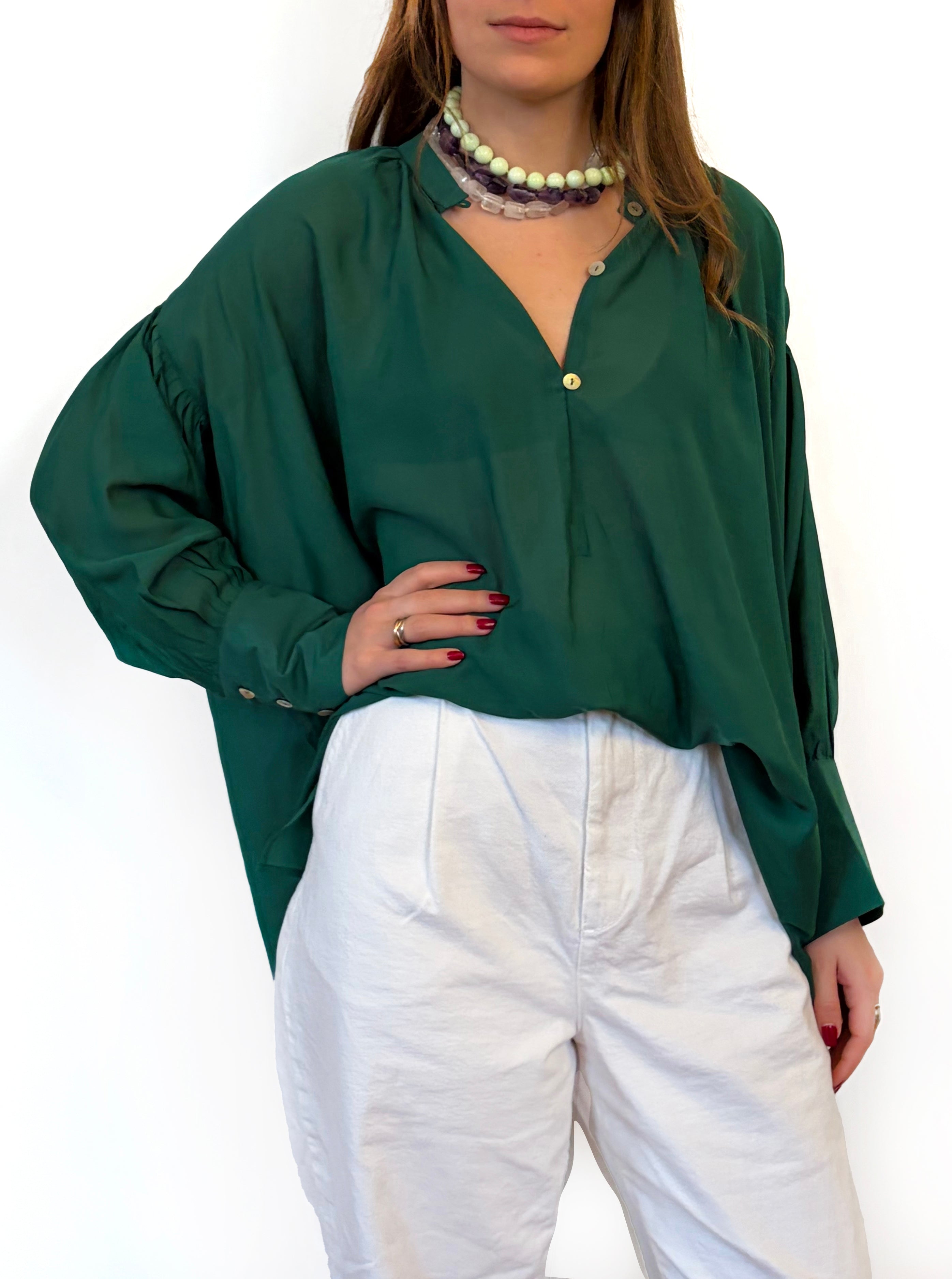 Camicia laGertrude in cotone leggero e seta verde bosco