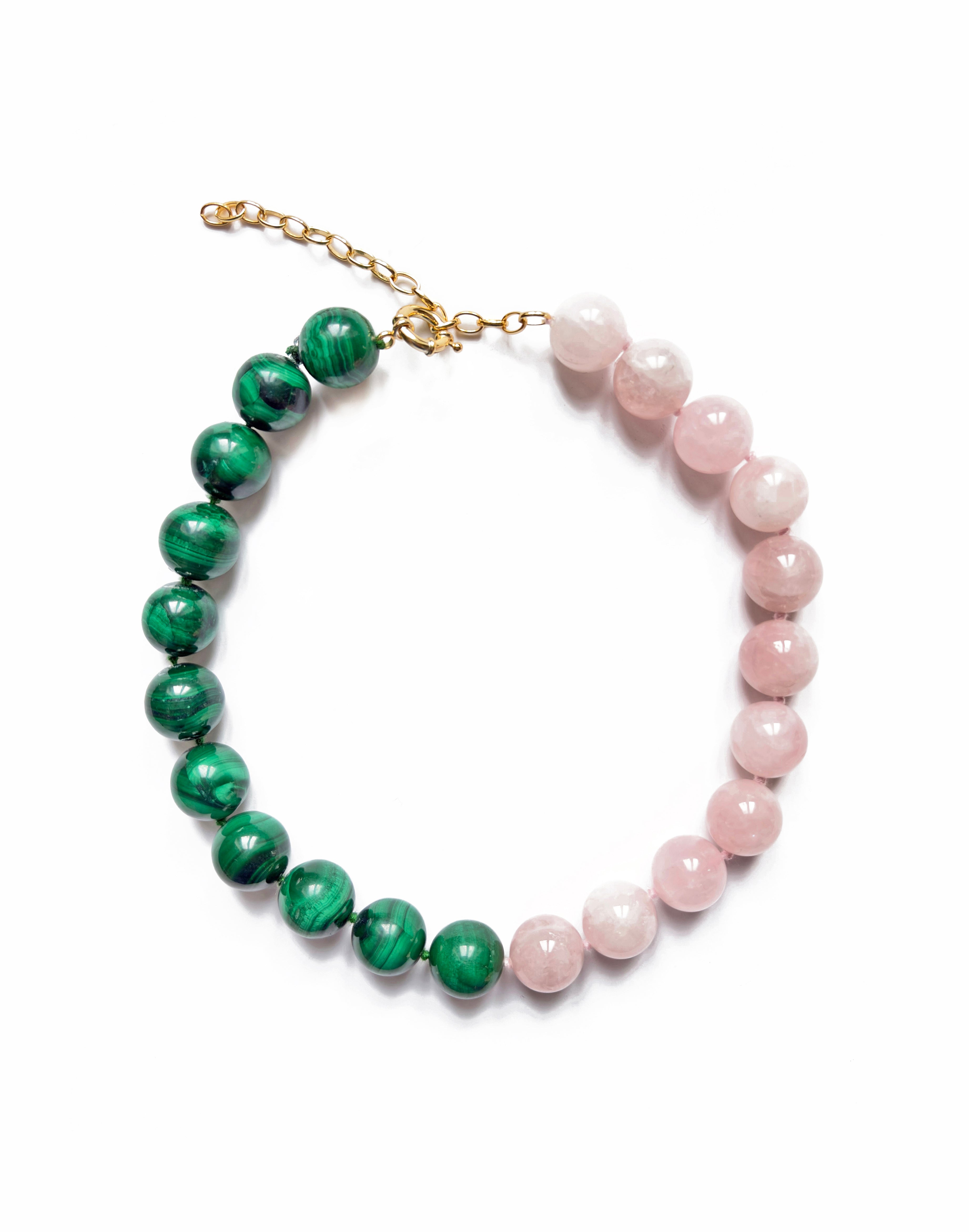LaGina collana in malachite e quarzo rosa