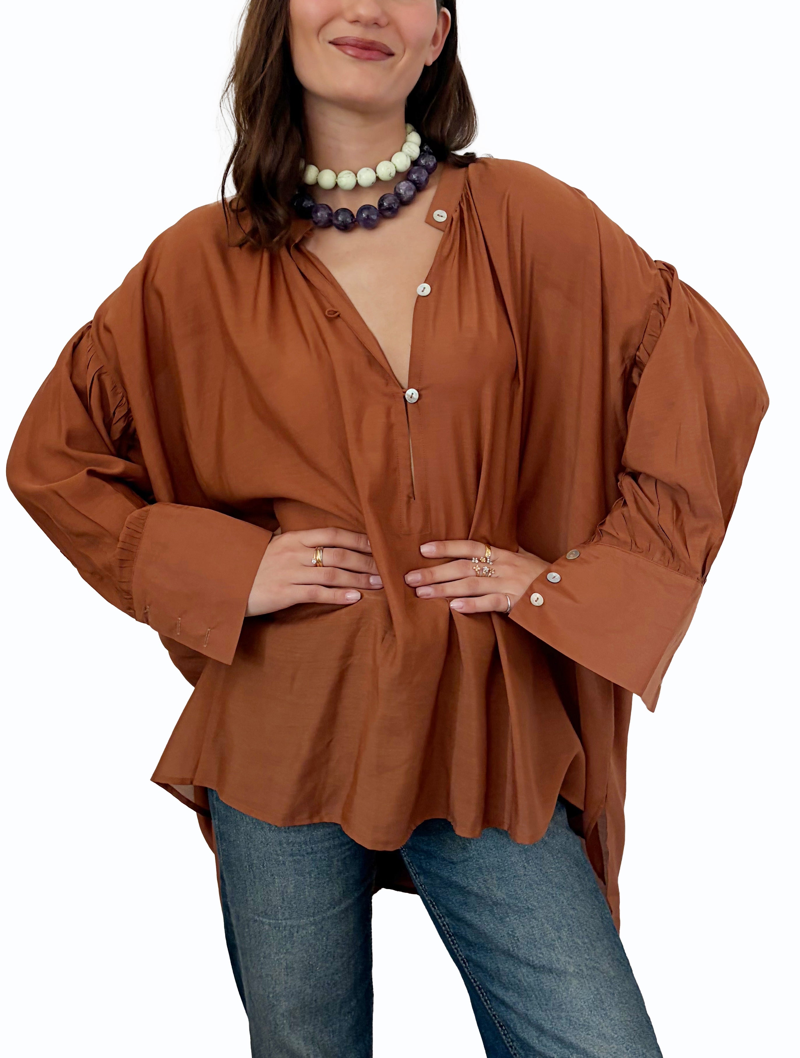 Camicia laGertrude in cotone leggero e seta marrone chiaro