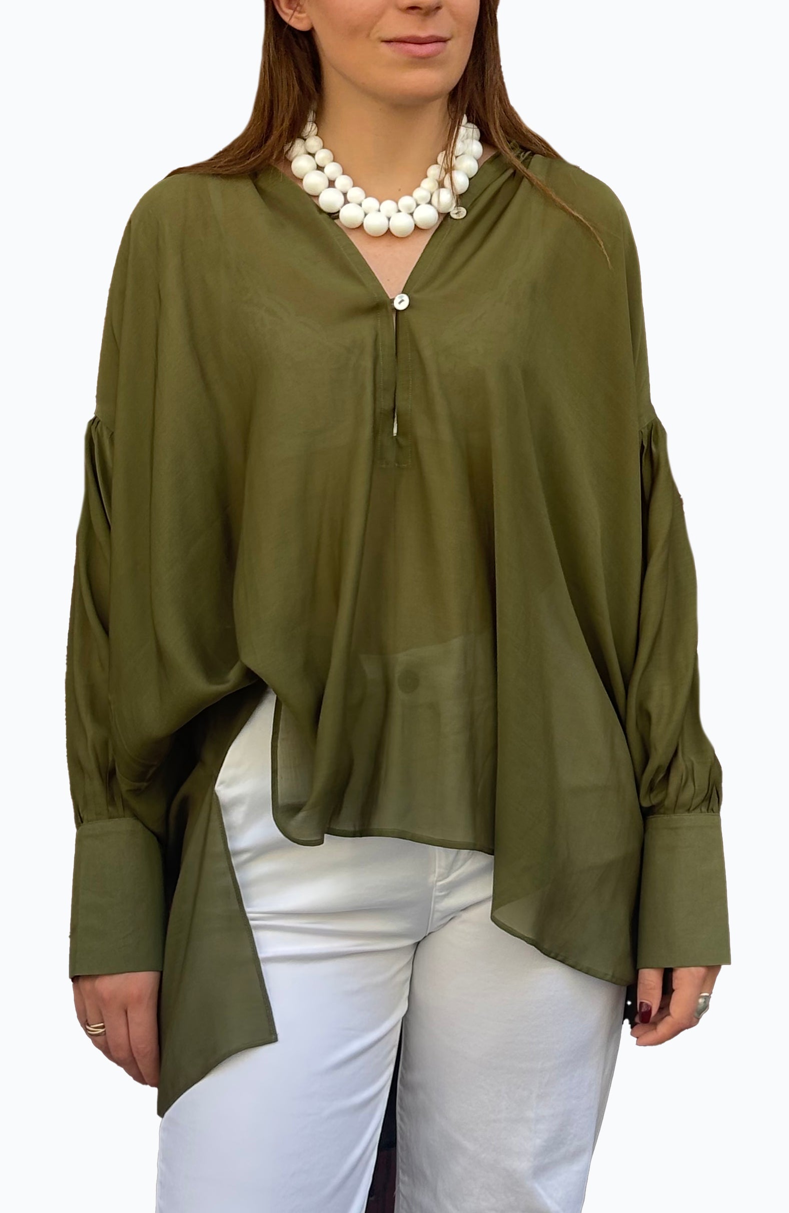 Camicia laGertrude in cotone leggero e seta verde militare