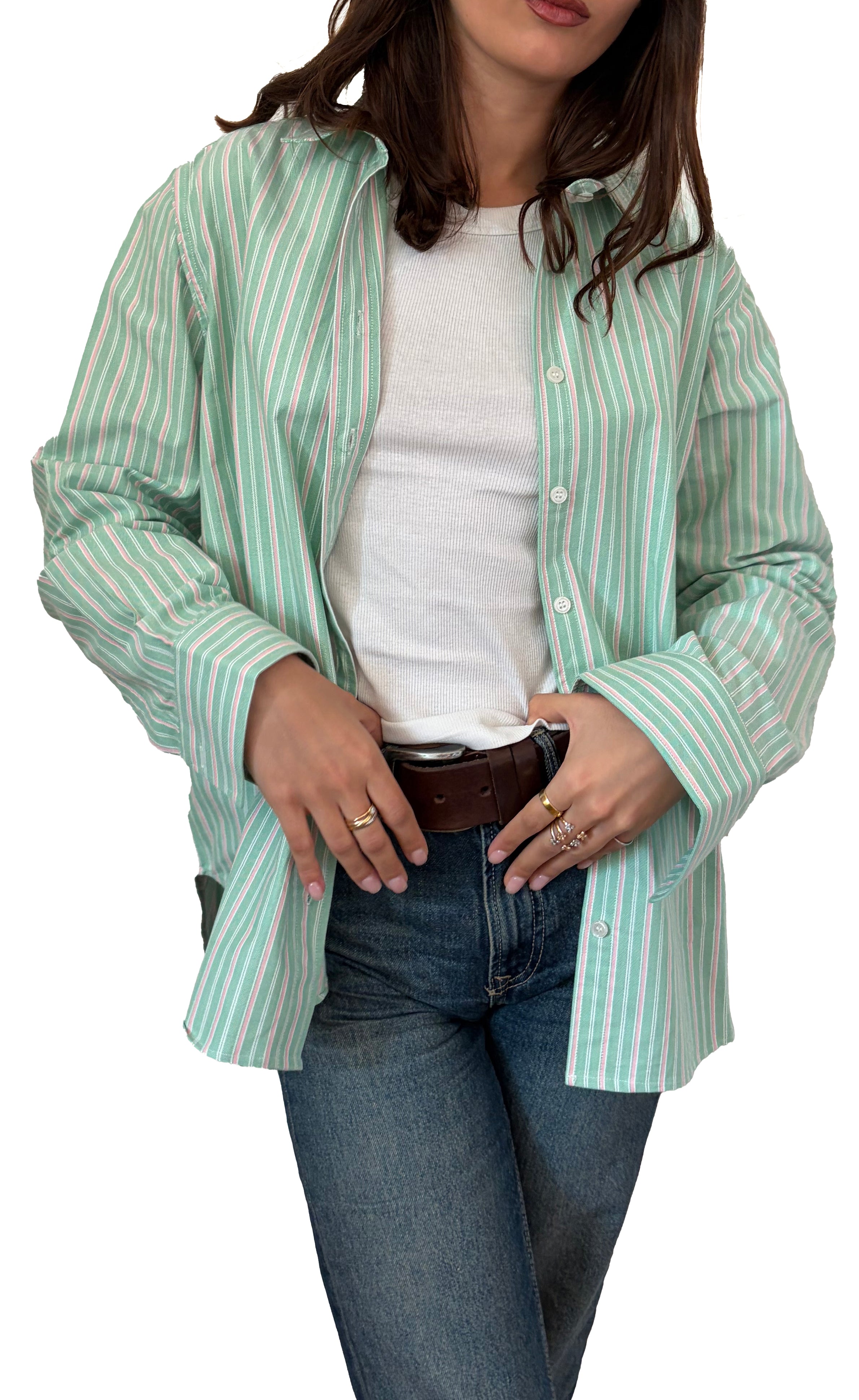 LaMentana Oxford camicia  in cotone a righe verde chiaro