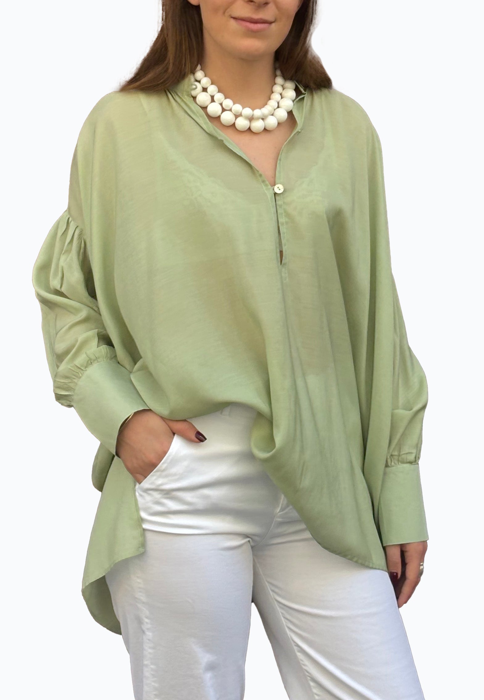 Camicia laGertrude in cotone leggero e seta verde chiaro